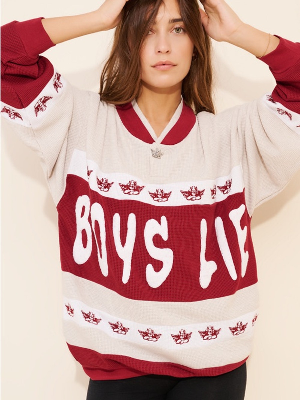 Boys Lie Private School Waffle Knit Thermal Rider Crewneck, Red M/L